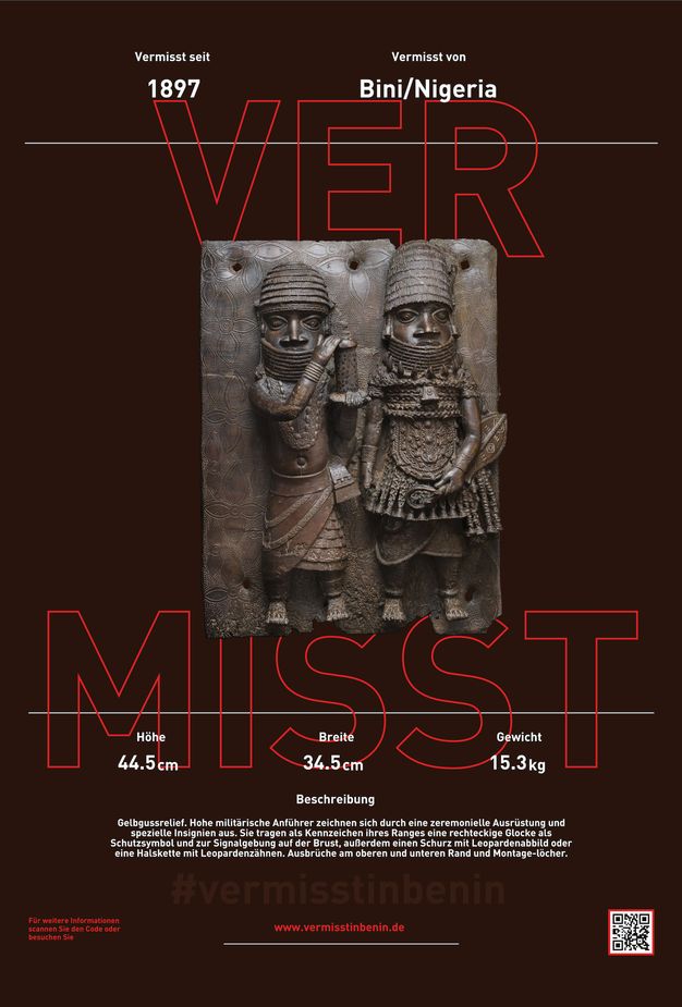 Poster. A bronze sculpture is at the centre with text above and below. The sculpture shows two people in relief against a panel. Both have rounded caps, stylized features, tall chokers, and wear beaded clothing. The title is in large letters outlined in red, and the rest of the text is white against a brown background.
