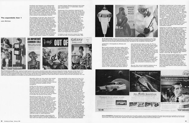 Journal spread. Ten black and white images are accompanied by five columns of text across two pages. A group of four images in a row on the left page showing aliens and robots has a long caption that begins, “Out of Frankenstein by IBM”. At the top right a row of three images shows imaginary space suits. The caption begins, “On the space frontier”. The final three images are advertisements with futuristic imagery. This caption begins, “Selling Tomorrow” with “tomorrow” in all caps.