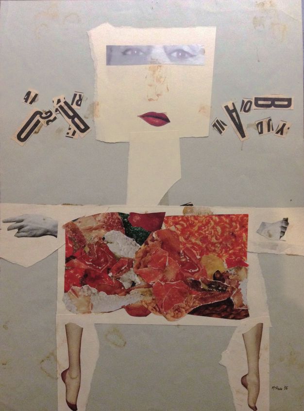 Collage. Pieces of white paper create a blocky human form. Eyes and red lips are collaged onto the square head. Hands and feet emerge from a rectangular torso, which is filled with red fragments.