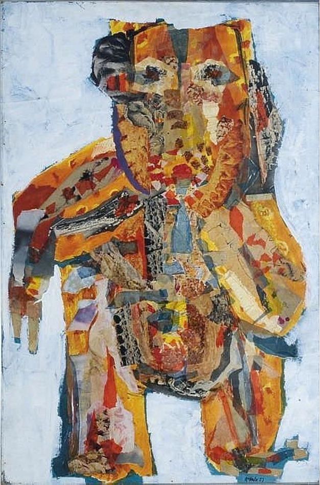 Collage. Pieces of mostly yellow, orange, red, and slate-blue paper are collaged into an abstracted human form that takes up this vertical composition. The background appears to be white painted over teal blue.