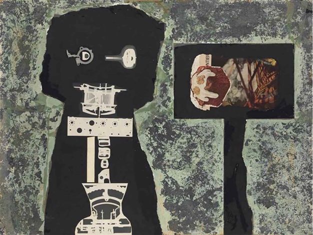 Mixed media. The head and shoulders of a black abstracted human form is collaged to a background mottled with mint green and charcoal grey. Pieces of machinery in white are collaged onto the black shapes to make eyes, a mouth, and possibly organs and bones. To our right a rectangle collaged with food and other images is on a pole.