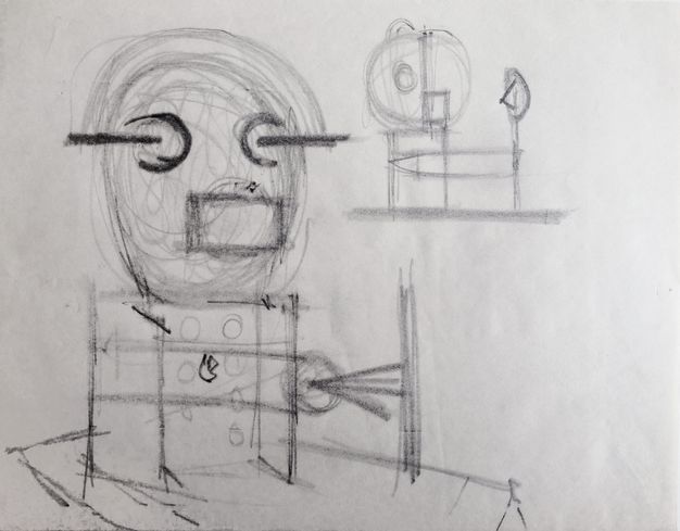 Drawing. Spheres on top of cubes or stands resemble robots in these sketches. The configuration is shown twice: once angled to our right and once possibly in profile.