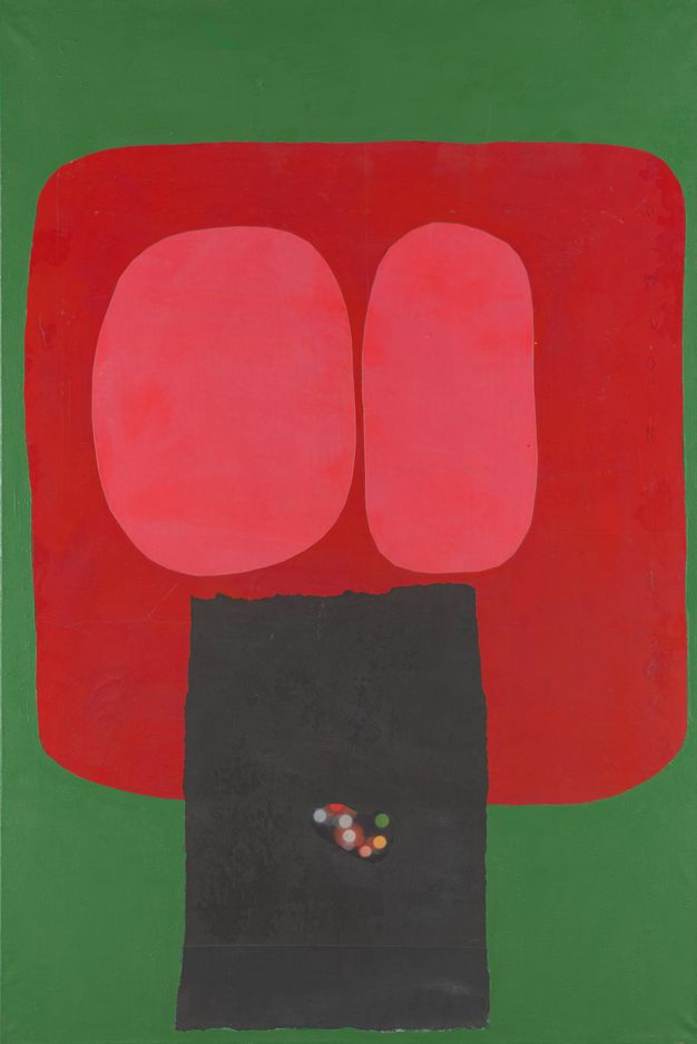 Collage. Flat areas of saturated colour are collaged against a grass-green background in this vertical composition. A scarlet-red square with rounded corners takes up most of the green area. On the red, two tall rose-pink ovals, one wide and one narrower, are above a black rectangle, which has a few coloured dots near its centre.